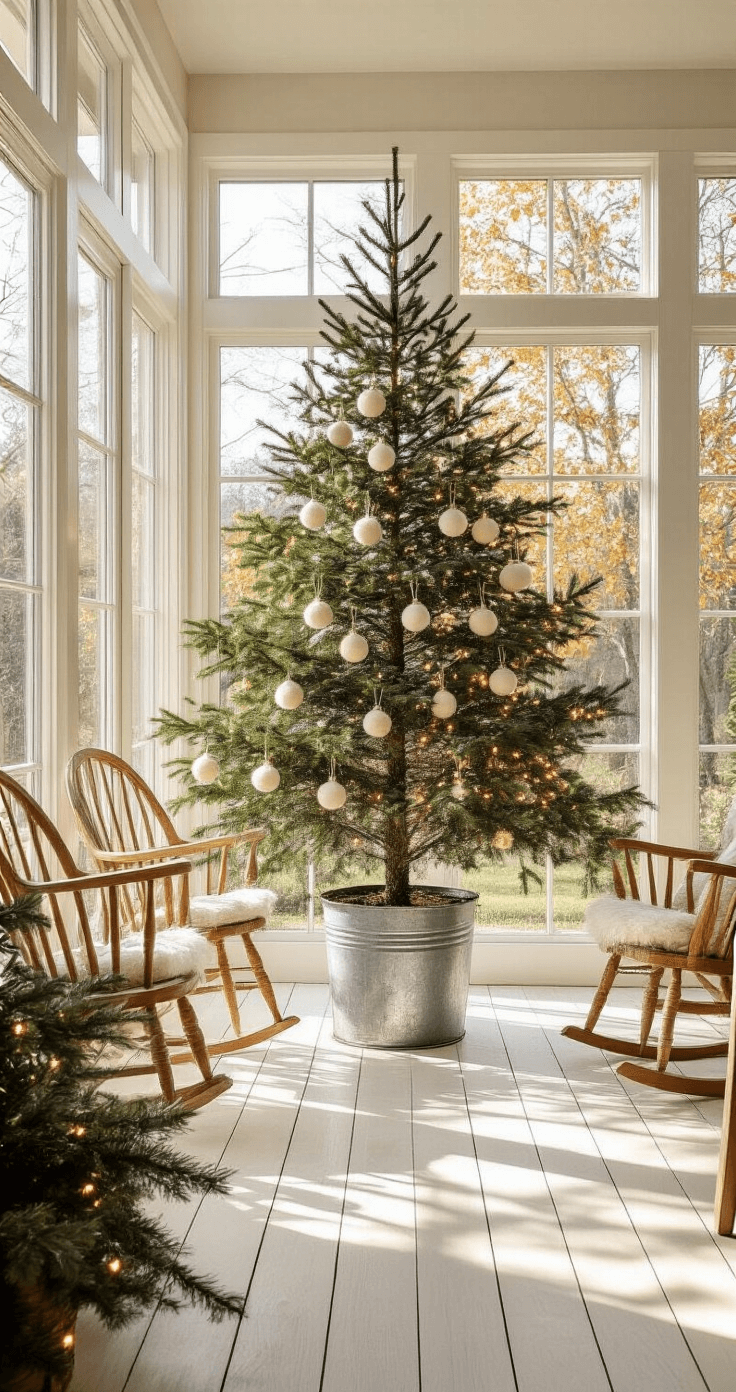 Minimalist Christmas Tree: The Ultimate Guide to Modern, Effortless Holiday Styling A sunroom featuring floor-to-ceiling windows with a 7ft natural pine tree in a galvanized metal bucket, adorned with cream wool felt ornaments and fairy lights, surrounded by white-washed wood floors, vintage Windsor chairs, and potted evergreens, all bathed in golden afternoon light.