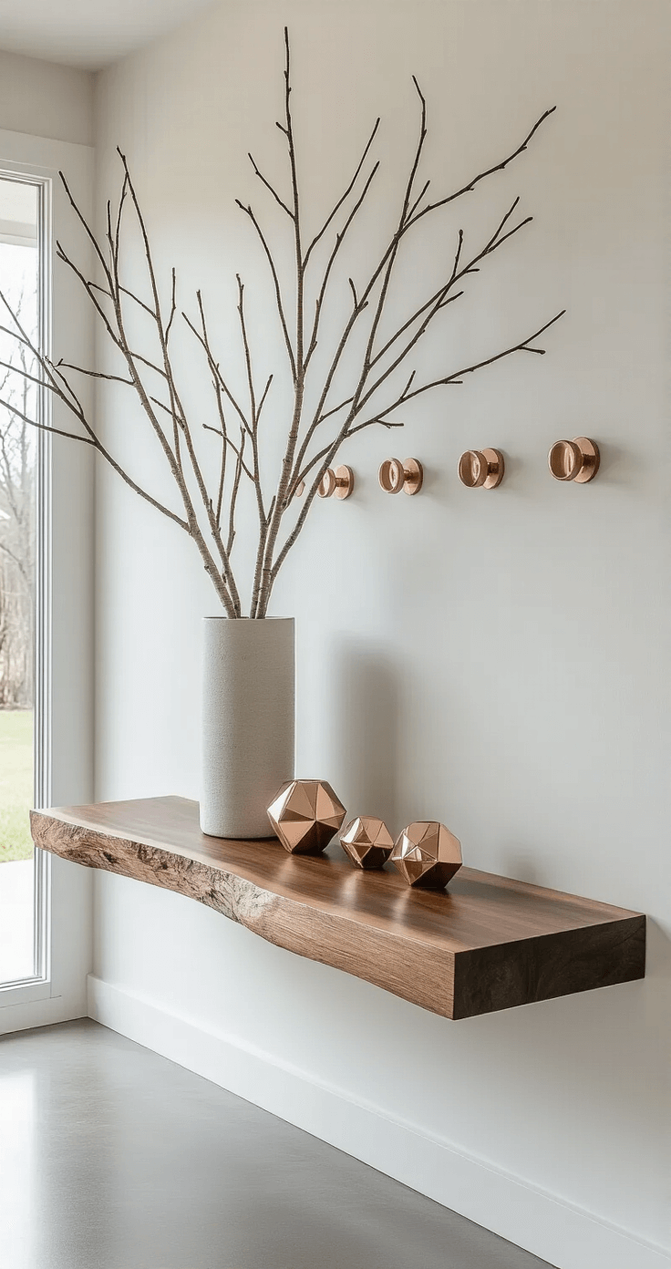 Minimalist Christmas Tree: The Ultimate Guide to Modern, Effortless Holiday Styling Modern entryway with live-edge walnut console, featuring a silver birch branch arrangement in a cylindrical ceramic vase and rose gold geometric ornaments, illuminated by morning light filtering through a frosted glass door.