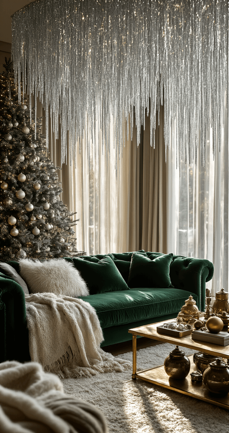 Sparkling Nostalgia: The Ultimate Guide to Tinsel Christmas Trees Cozy family room featuring a traditional evergreen tree adorned with silver tinsel icicles, morning sunlight filtering through sheer curtains, and a plush forest green velvet sofa. The scene includes a brass coffee table with vintage ornaments, layered textures of wool throws and ceramic pottery, and a warm color palette of emerald green, brass, and silver highlights, creating an inviting holiday atmosphere.
