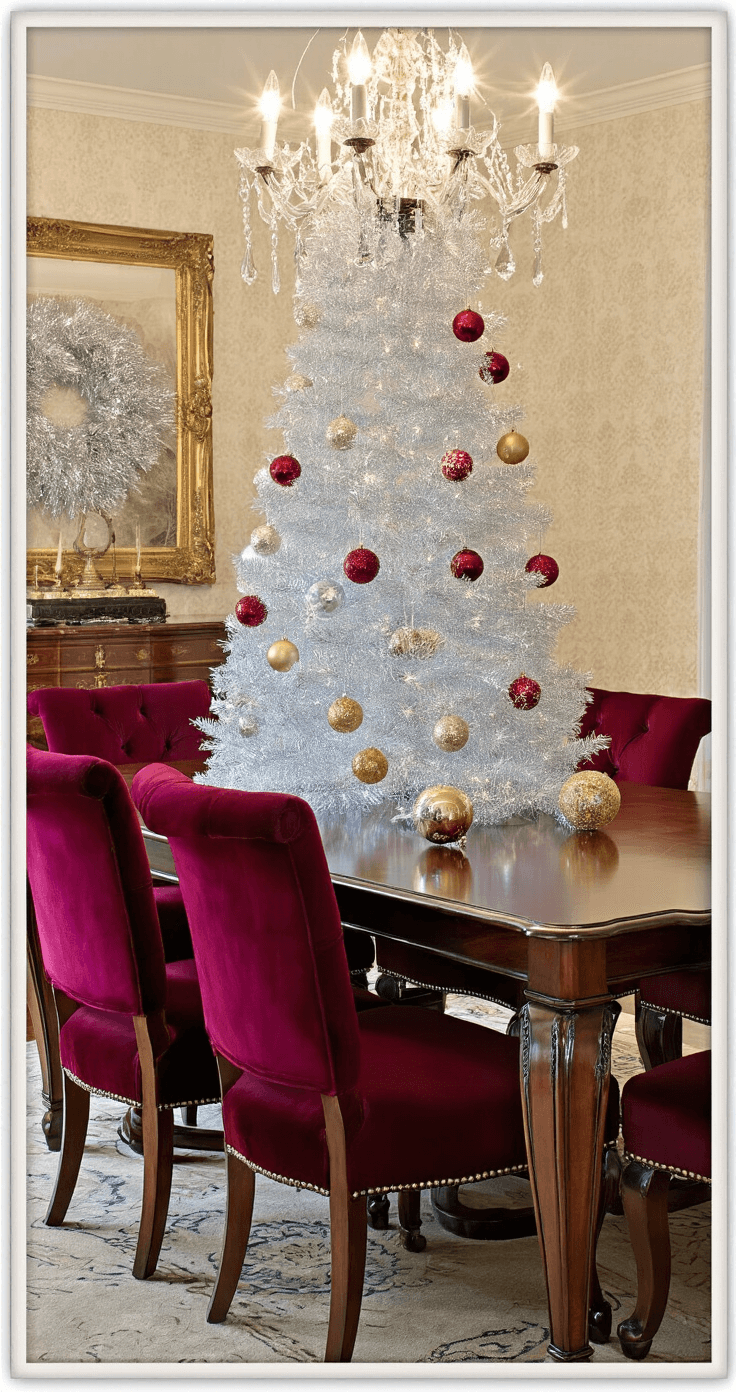 Sparkling Nostalgia: The Ultimate Guide to Tinsel Christmas Trees Elegant dining room at evening with a mahogany table set for the holidays, featuring a beautifully styled tinsel tree with reflective silver strands. Chandelier casts warm light, illuminating ruby red and gold vintage baubles that complement the burgundy velvet chairs against cream wallpaper. Atmosphere is intimate and sophisticated, perfect for holiday entertaining.