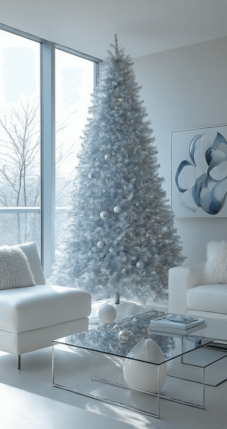 Sparkling Nostalgia: The Ultimate Guide to Tinsel Christmas Trees A contemporary living space featuring a tall silver-blue tinsel tree surrounded by minimalist white and chrome furniture, illuminated by afternoon light streaming through floor-to-ceiling windows. The cool-toned palette includes icy silver and powder blue accents, with abstract artwork, sleek ceramic planters, and a glass coffee table, creating a fresh and sophisticated holiday modernism atmosphere.