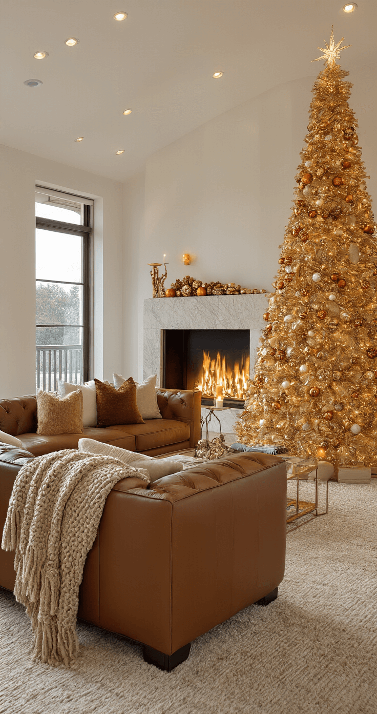 Sparkling Nostalgia: The Ultimate Guide to Tinsel Christmas Trees A luxurious great room with a gold-bronze tinsel tree, warm evening lighting, a cognac leather sectional, a marble fireplace, and rich autumn-inspired ornaments in copper and amber tones, creating an opulent holiday atmosphere.