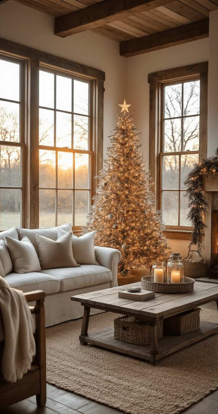 Sparkling Nostalgia: The Ultimate Guide to Tinsel Christmas Trees A cozy modern farmhouse living room featuring a DIY wire-framework tinsel tree adorned with vintage-inspired garland, illuminated by warm golden hour lighting streaming through rustic windows. The scene includes reclaimed wood furniture, cream linen upholstery, wrought iron accents, and strategically placed LED lights enhancing the tinsel's sparkle, complemented by mason jar accessories and burlap textures in a weathered wood and antique silver color scheme.