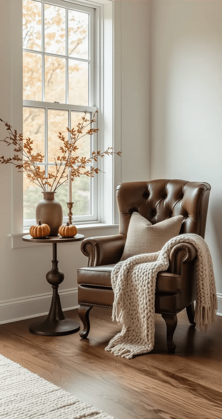 Fall Bedroom Decor: Creating a Cozy Autumn Sanctuary Intimate bedroom corner with tufted chocolate brown leather chair, chunky wool blanket, tall window, brass candlesticks, ceramic vase with dried oak branches, and amber pumpkins, all bathed in soft afternoon light on honey oak floors against white walls.