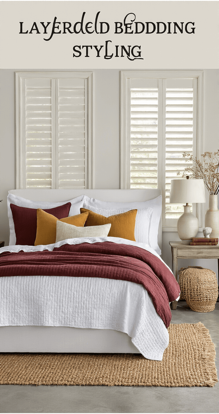 Fall Bedroom Decor: Creating a Cozy Autumn Sanctuary Elegant bedroom showcasing a queen bed with layered bedding, including a white quilted foundation and burgundy linen duvet, with throw pillows in rust, mustard, and cream. Morning light filters through plantation shutters onto a woven jute rug over polished concrete floors. Styled bedside surfaces include ceramic lamps, leather-bound books, and dried florals, captured from an overhead angle highlighting sophisticated color coordination.