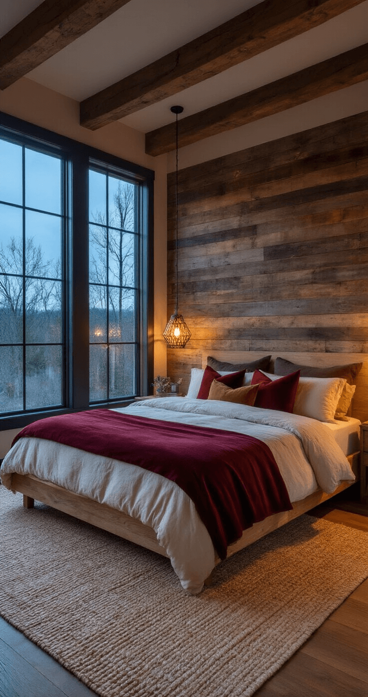 Fall Bedroom Decor: Creating a Cozy Autumn Sanctuary Cozy bedroom sanctuary at blue hour with warm lighting, featuring a platform bed layered in cream and deep red textiles, velvet and linen pillows, a reclaimed wood accent wall, and Moroccan-style pendant lights casting geometric shadows, all set against a natural fiber rug on wide-plank floors.