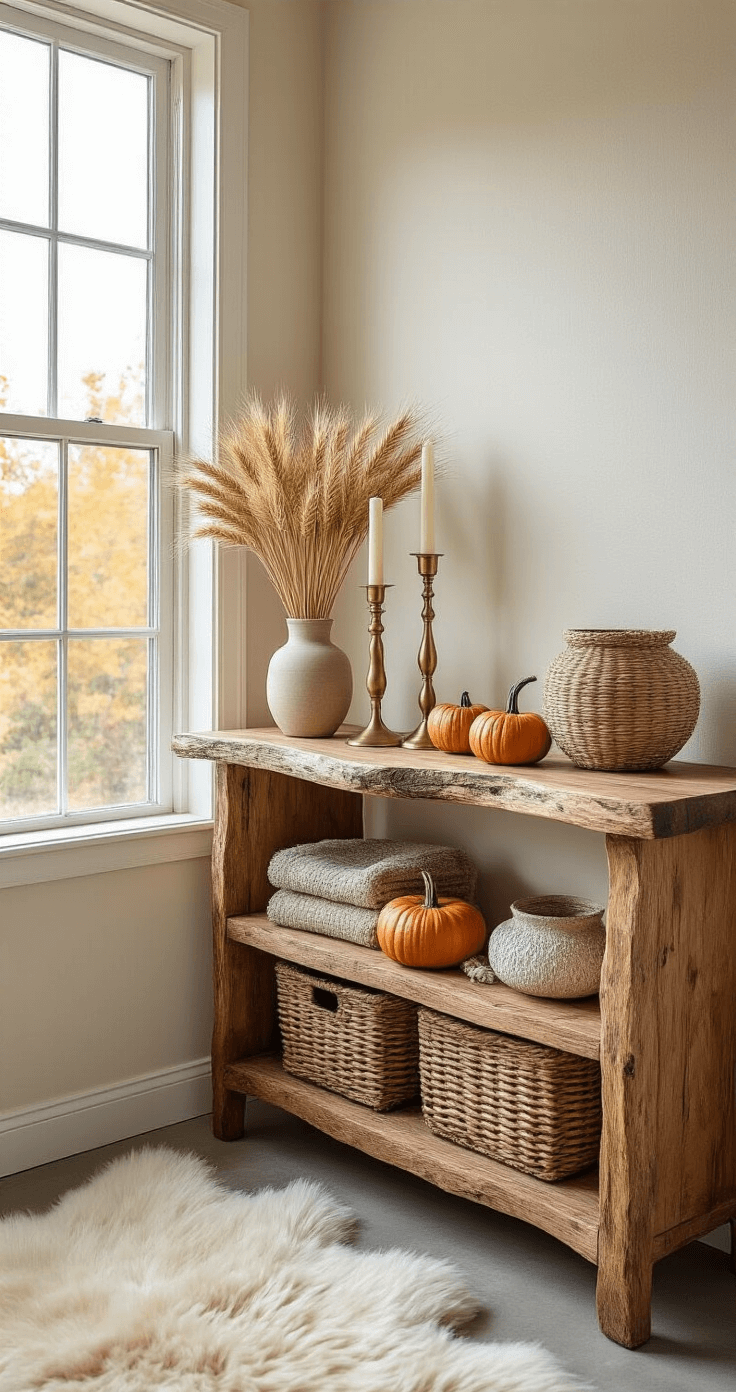Fall Bedroom Decor: Creating a Cozy Autumn Sanctuary A cozy rustic-modern bedroom corner featuring a live-edge wood console adorned with brass candlesticks, ceramic vessels with dried wheat, and miniature pumpkins, all illuminated by soft north-facing window light against a textured cream wall, with a sheepskin rug on stained concrete floors.