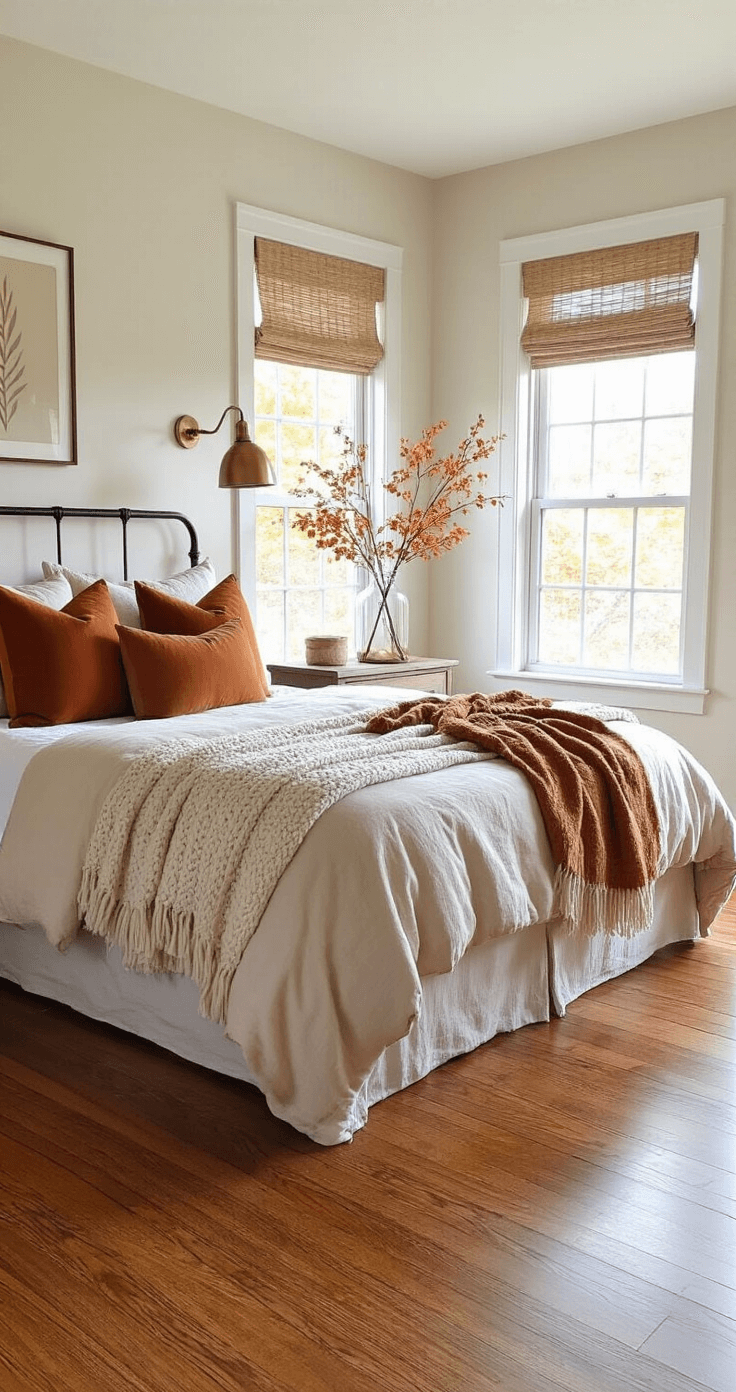 Fall Bedroom Decor: Creating a Cozy Autumn Sanctuary A cozy, transformed bedroom bathed in golden afternoon light, featuring rust-colored pillow covers, a rewired vintage brass lamp, a thrifted wool blanket as a bed runner, and DIY dried branch arrangements in repurposed glass vessels, all against neutral walls and reflecting hardwood floors, showcasing the impact of budget-friendly fall styling.