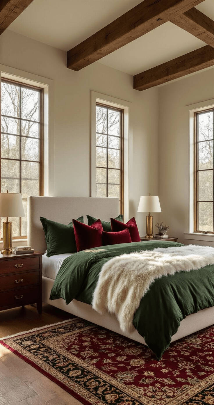 Create a Magical Christmas Bedroom Sanctuary: Your Ultimate Decor Guide Wide-angle shot of a spacious bedroom with tall ceilings, exposed wooden beams, and golden hour sunlight illuminating deep green bedding, ruby red pillows, and a faux fur throw, all complemented by mahogany nightstands and a vintage Persian rug, creating a cozy yet luxurious atmosphere.