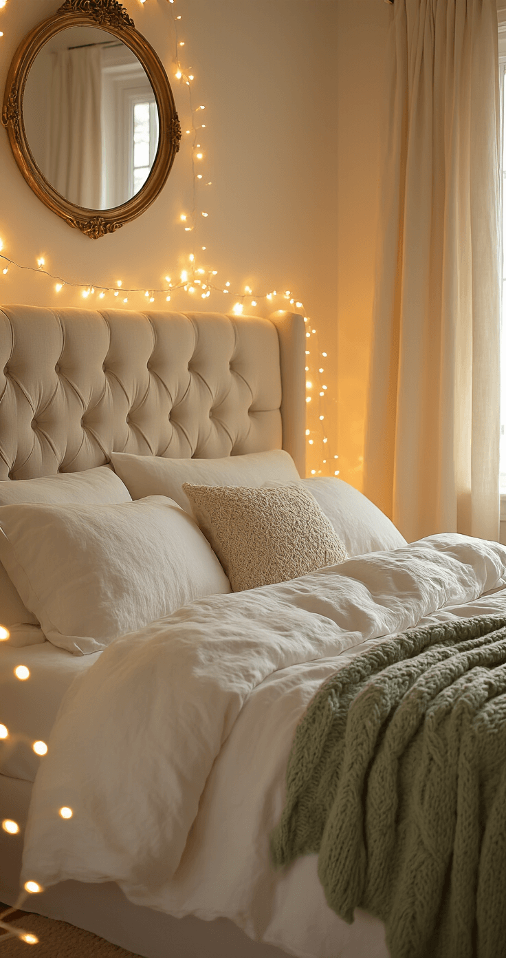 Create a Magical Christmas Bedroom Sanctuary: Your Ultimate Decor Guide Cozy bedroom corner with a tufted linen headboard adorned with fairy lights, featuring a vintage brass mirror and warm white LED lights, creating an intimate ambiance with soft shadows and a sage green throw.