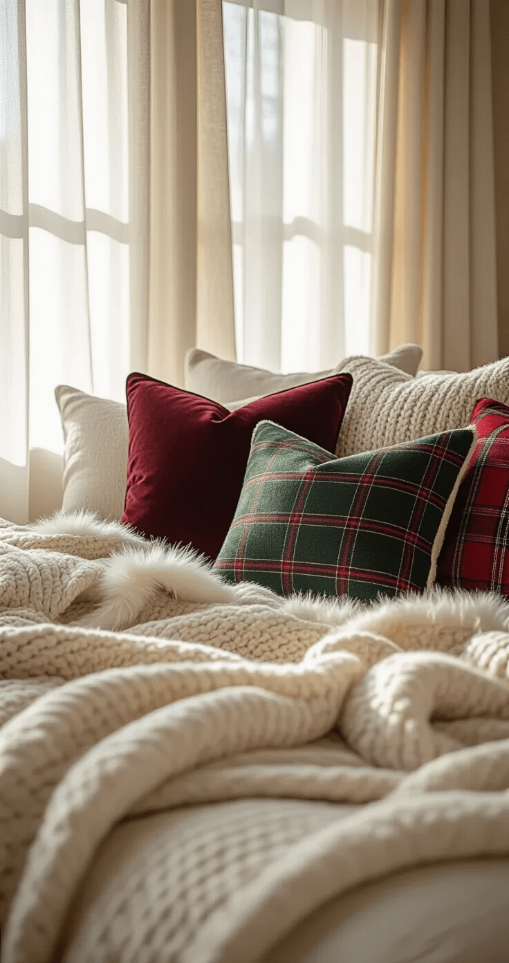 Create a Magical Christmas Bedroom Sanctuary: Your Ultimate Decor Guide Close-up of a king-size bed featuring layered Christmas textures, including burgundy velvet cushions, cream cashmere throws, and forest green flannel sheets, illuminated by soft morning light filtering through sheer curtains.
