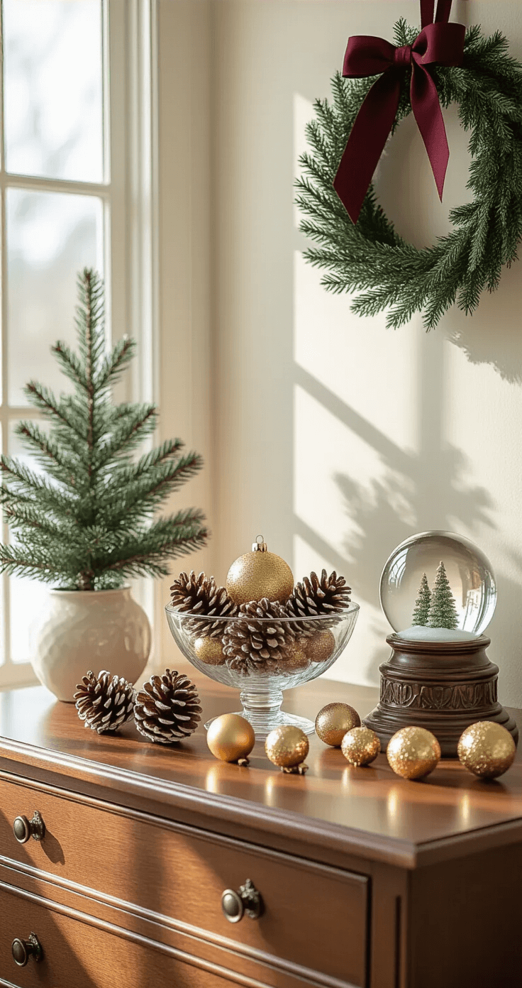 Create a Magical Christmas Bedroom Sanctuary: Your Ultimate Decor Guide Medium shot of an elegant dresser adorned with Christmas accents, including frosted pinecones in a glass bowl, gold ornaments, a vintage snow globe, a potted evergreen, and a wreath with burgundy ribbon, all illuminated by afternoon light.