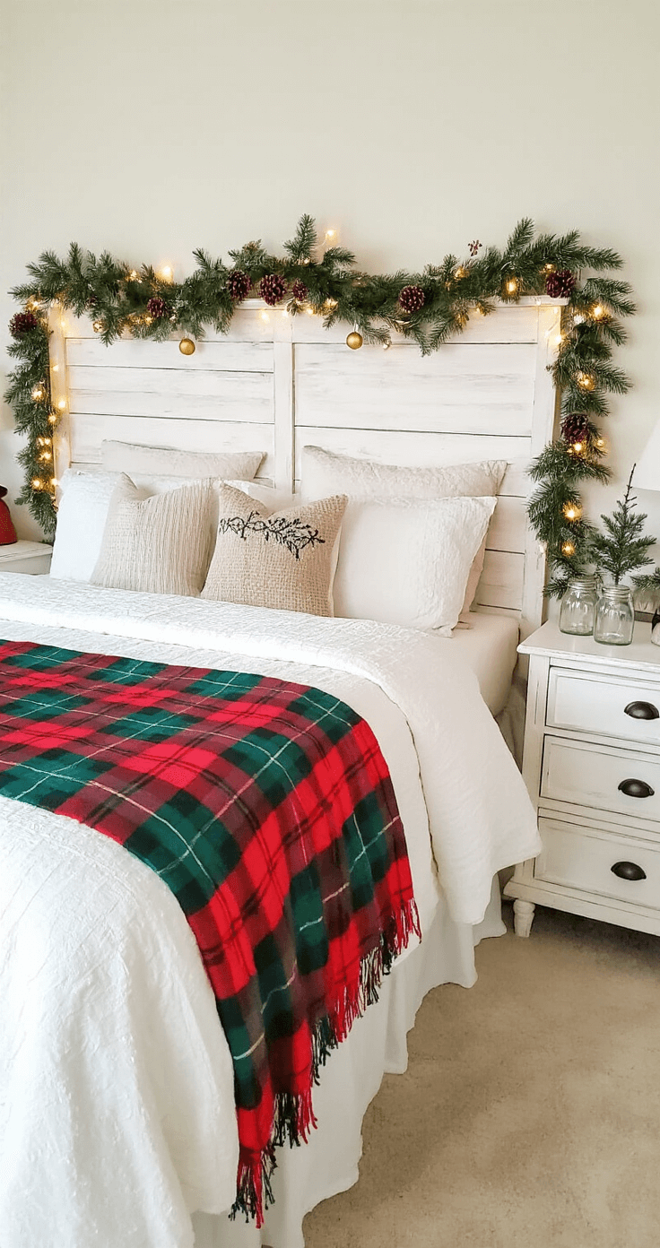Create a Magical Christmas Bedroom Sanctuary: Your Ultimate Decor Guide Budget-friendly Christmas bedroom featuring DIY mason jar fairy lights, a handmade pinecone garland, repurposed vintage ornament drawer pulls, and a thrifted plaid throw blanket, all styled warmly with white-washed wooden furniture and fresh evergreen sprigs in glass bottles.