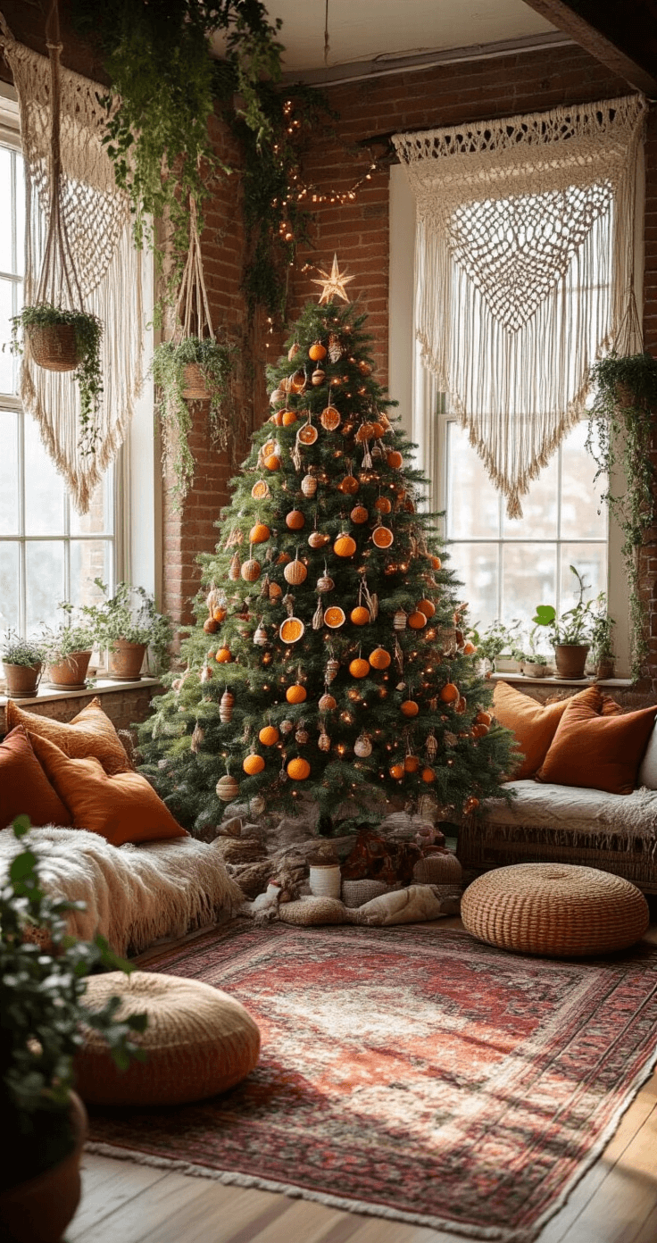 Ultimate Guide to Christmas Tree Wallpapers: Transform Your Digital Space A whimsical bohemian apartment living space with soft morning light, featuring a decorated Christmas tree, vintage rugs, low seating, hanging plants, and artistic holiday garlands on exposed brick walls.