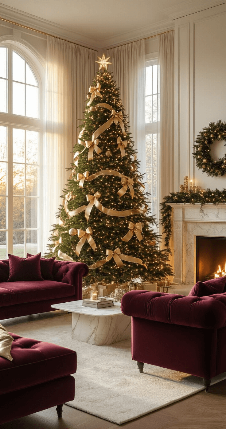 Mastering Christmas Tree Bows: The Ultimate Styling Guide Luxurious living room decorated for the holidays, featuring a 12-foot Fraser fir Christmas tree adorned with metallic gold ribbon bows, a burgundy velvet sofa, and a cream marble fireplace, all illuminated by warm amber sunlight.