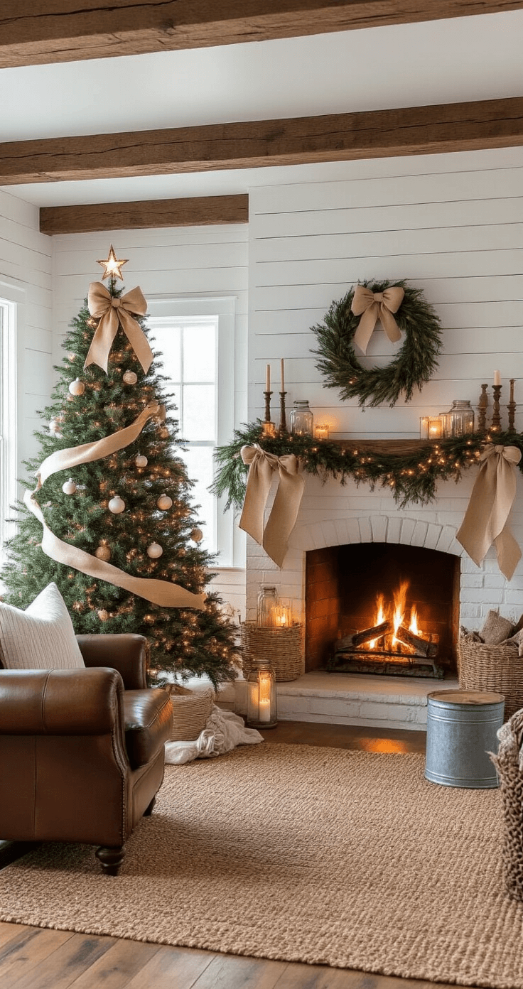 Mastering Christmas Tree Bows: The Ultimate Styling Guide Cozy farmhouse living room at blue hour with an 8-foot noble fir decorated with burlap and cream linen bows, exposed wooden beams, white shiplap walls, and a vintage leather armchair. The tree is positioned near a stone fireplace with a warm glow, surrounded by a woven jute rug and galvanized metal tree collar, creating an intimate country Christmas atmosphere.