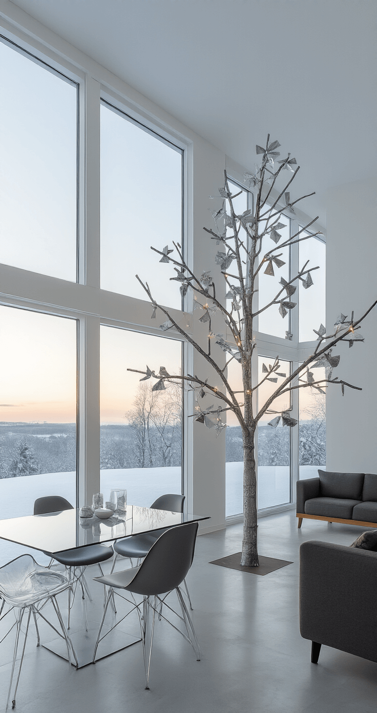 Mastering Christmas Tree Bows: The Ultimate Styling Guide A modern minimalist living space at dawn, featuring floor-to-ceiling windows revealing a snowy landscape. A slim 9-foot Christmas tree with geometric silver metallic bows is positioned near a glass dining table with acrylic chairs, all set against white walls and concrete floors. The scene is illuminated by cool morning light, highlighting precise bow arrangements and an overall contemporary holiday aesthetic.