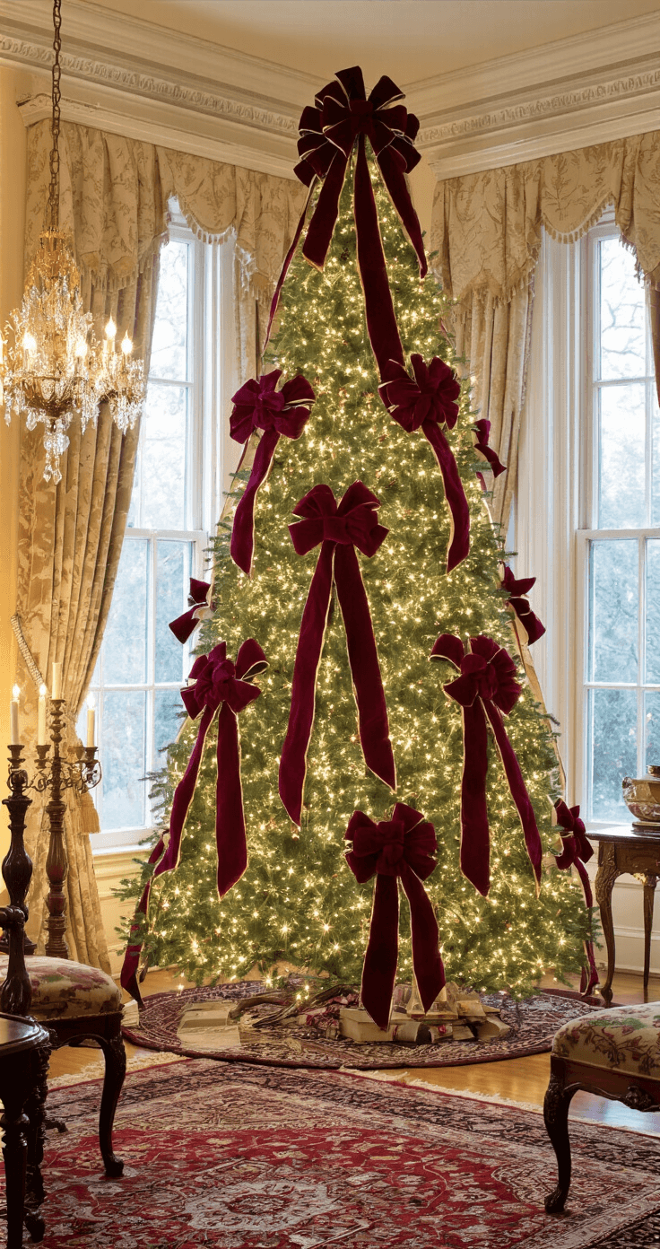 Mastering Christmas Tree Bows: The Ultimate Styling Guide A grand Victorian parlor adorned for the evening, featuring a 10-foot Christmas tree with luxurious burgundy velvet bows, rich mahogany furniture, Persian rugs, and a crystal chandelier. The scene captures the opulence of the room with warm lighting, intricate details of the bows, and reflections in an ornate mirror.