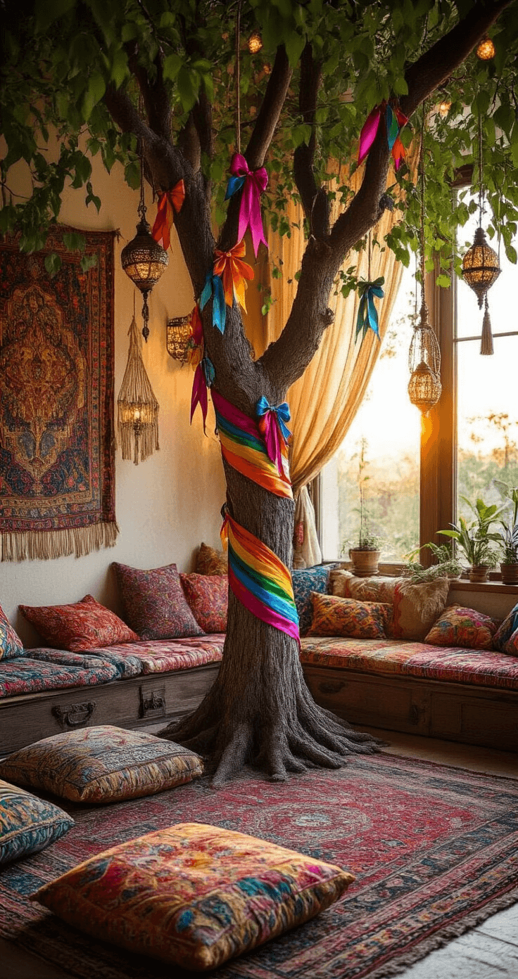 Mastering Christmas Tree Bows: The Ultimate Styling Guide A cozy bohemian living space at sunset, featuring a 7-foot eclectic tree adorned with rainbow-colored silk ribbon bows in whimsical patterns, surrounded by Moroccan floor cushions, tapestry wall hangings, macrame plant holders, and layered Persian rugs. The scene is enhanced by brass accents and hanging lanterns, with warm ambient lighting filtering through gauze curtains, captured from a low angle among the cushions.