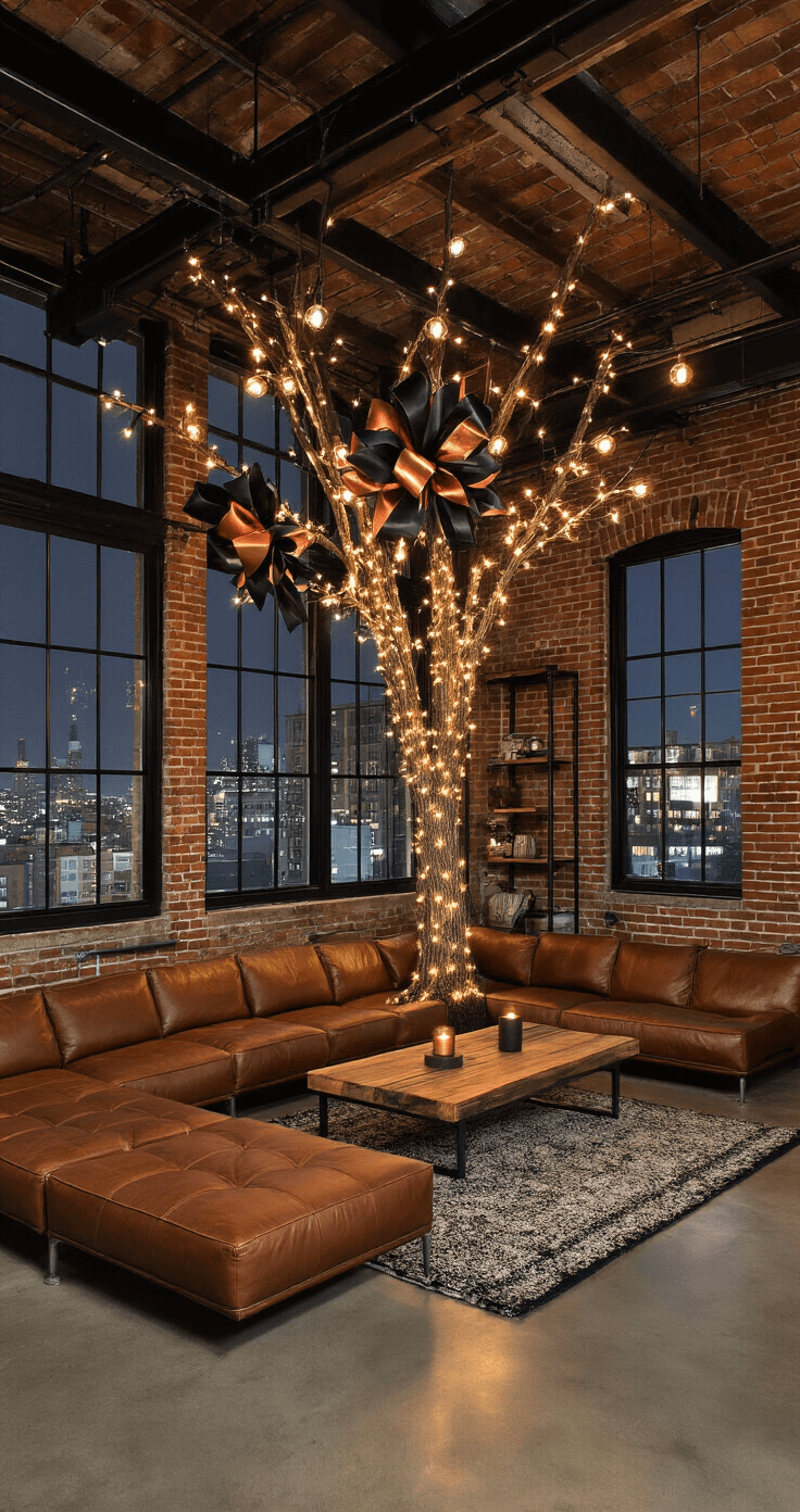 Mastering Christmas Tree Bows: The Ultimate Styling Guide A spacious industrial loft at night featuring exposed brick walls, steel beams, and an 11-foot tree adorned with black and copper metallic bows. Warm light from Edison bulb fixtures casts a glow on polished concrete floors, with the tree positioned by floor-to-ceiling windows overlooking city lights. An oversized cognac brown leather sectional, raw edge wooden coffee table, and metal pipe shelving complete the urban holiday aesthetic.