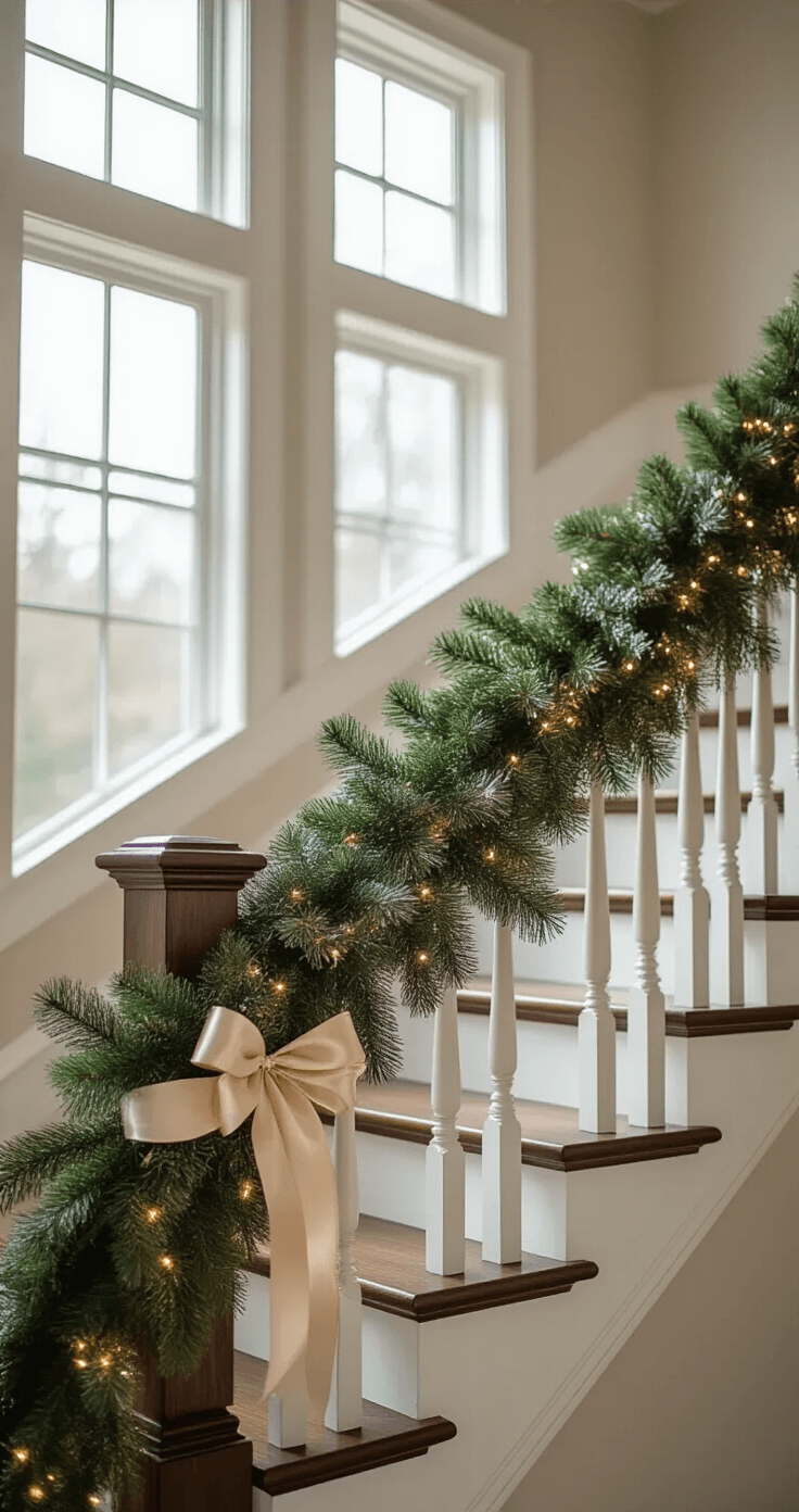 Christmas Garland Decor: The Ultimate Styling & Setup Guide Elegant staircase banister adorned with mixed cedar and eucalyptus garland, tiny LED lights, and champagne satin ribbon, photographed from the bottom landing with morning sunlight streaming through tall windows, highlighting the contrast between dark walnut rail and white painted spindles.
