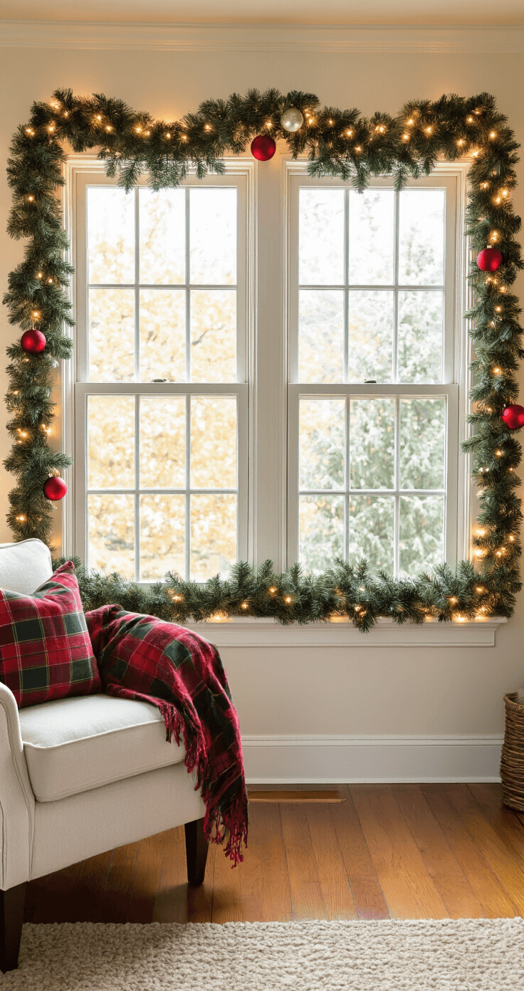 Christmas Garland Decor: The Ultimate Styling & Setup Guide Cozy living room corner with garland-wrapped white-trimmed windows, adorned with fairy lights and vintage ornaments, featuring a comfortable reading chair, all bathed in warm afternoon golden hour light.