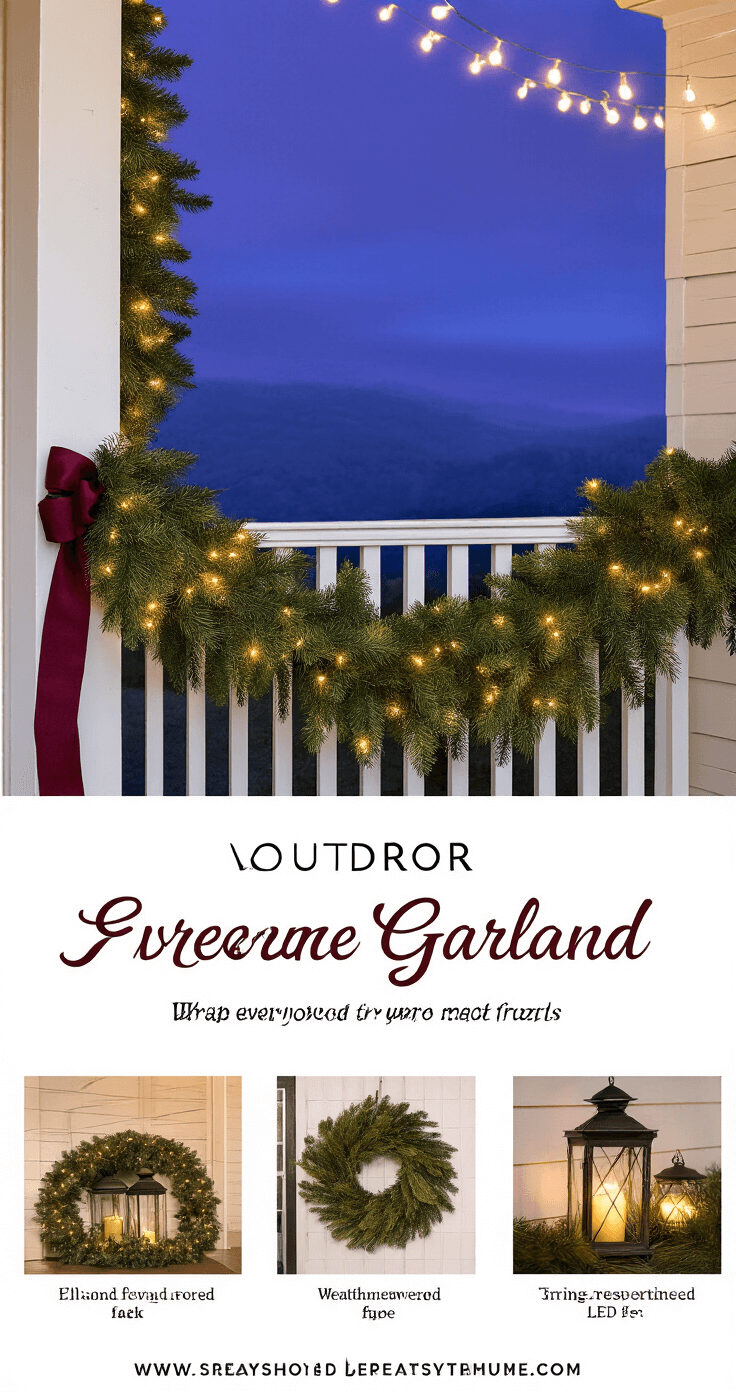 Christmas Garland Decor: The Ultimate Styling & Setup Guide Outdoor porch garland display at twilight with evergreen garland, solar-powered LED lights, burgundy ribbon accents, white painted railings, vintage lanterns, and deep purple sky backdrop.