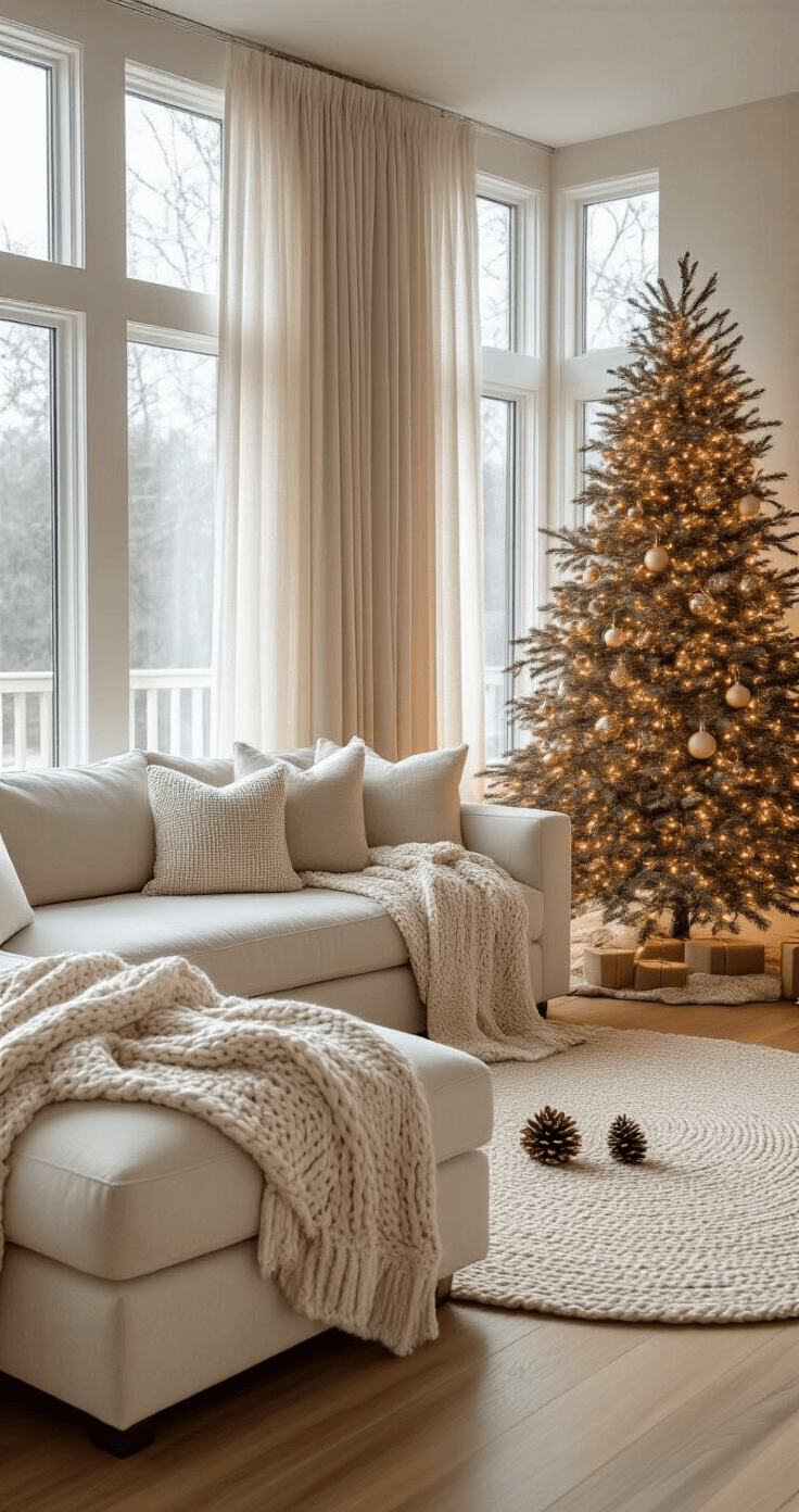 A Serene Neutral Christmas Tree: Your Guide to Calm, Cozy Holiday Decor A spacious modern living room with a 9ft Fraser fir Christmas tree adorned with warm white LED lights, natural wood ornaments, and soft gold baubles, beside large windows draped in sheer linen curtains. The hardwood floors in honey oak complement a cream sectional sofa with chunky knit throws, while a chunky cable-knit tree skirt in oatmeal surrounds the tree. Pinecones are scattered around, and the scene is illuminated by soft golden hour light, creating a serene atmosphere.