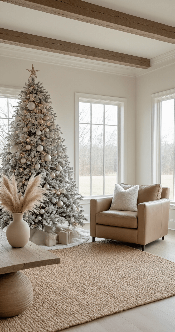 A Serene Neutral Christmas Tree: Your Guide to Calm, Cozy Holiday Decor Cinematic wide shot of an elegant open-concept living space featuring creamy white walls, a taupe leather armchair, an 8ft Christmas tree adorned with white and soft metallic ornaments, a natural jute rug, and a ceramic vase with pampas grass, all illuminated by soft afternoon light streaming through large windows.