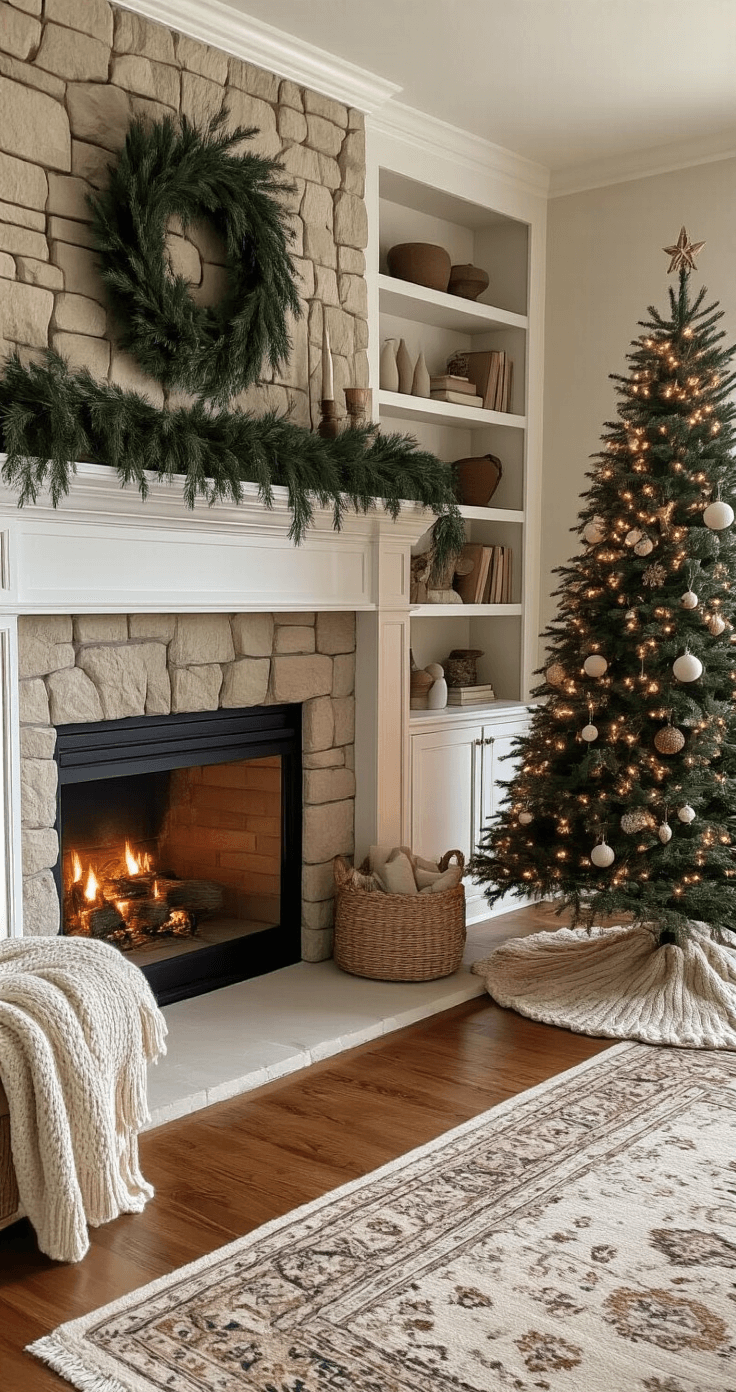 A Serene Neutral Christmas Tree: Your Guide to Calm, Cozy Holiday Decor Wide interior shot of a cozy family room featuring a stone fireplace with a white mantel adorned with natural greenery, a 7ft Christmas tree in the corner surrounded by ornaments and a chunky knit tree skirt, hardwood floors complemented by a muted vintage Persian rug, built-in bookshelves beside the fireplace, and evening ambient lighting creating a peaceful sanctuary atmosphere.