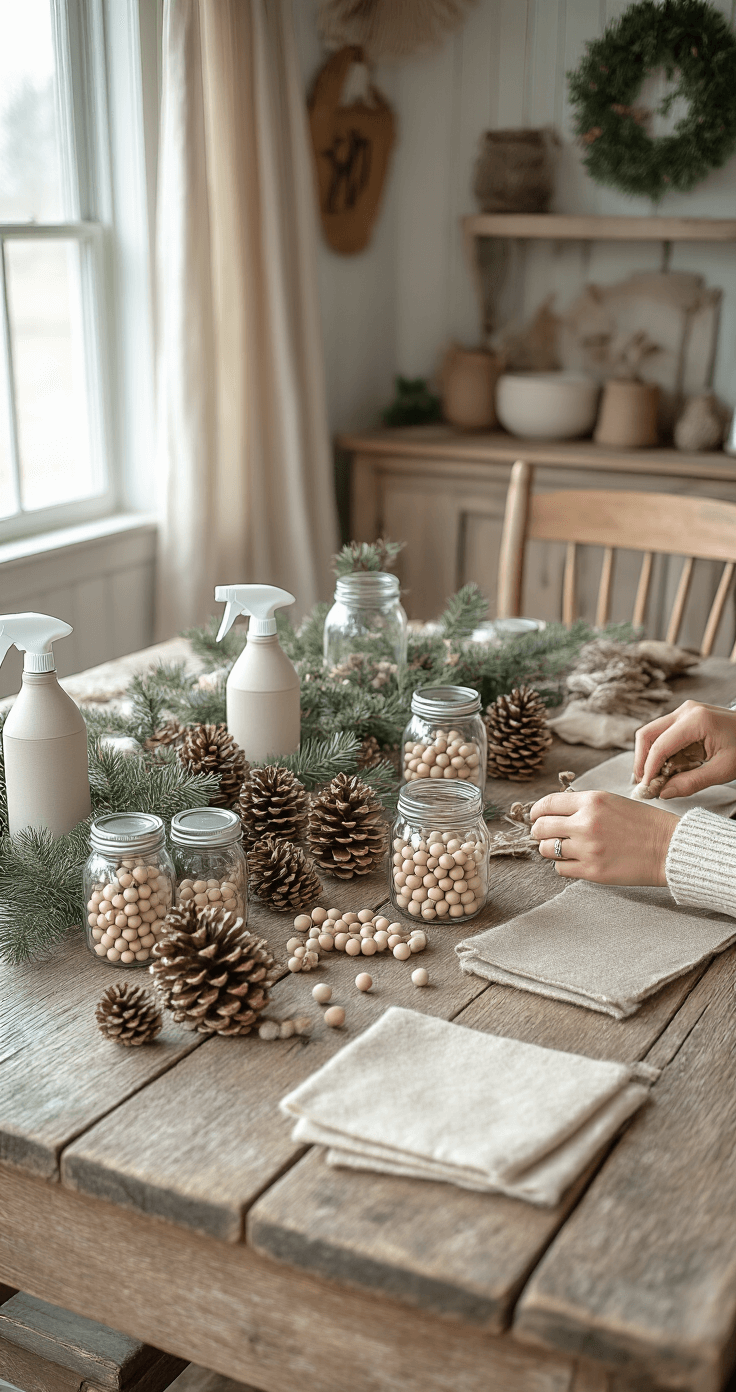 A Serene Neutral Christmas Tree: Your Guide to Calm, Cozy Holiday Decor A rustic farmhouse dining table adorned with collected pinecones and natural materials, featuring mason jars filled with wooden beads, neutral spray paint bottles, and felt fabric squares in cream and taupe. Hands are crafting homemade ornaments, with soft north-facing window light illuminating the workspace and linen curtains in the background. The scene is captured from an overhead angle, emphasizing a warm and authentic mood of budget-friendly holiday preparation.