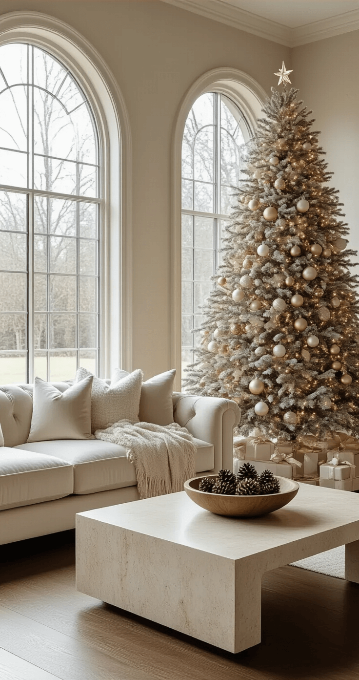 A Serene Neutral Christmas Tree: Your Guide to Calm, Cozy Holiday Decor Elegant living room with a tall noble fir Christmas tree adorned with soft metallic baubles, a cream velvet sofa, and a travertine coffee table, bathed in warm golden light.
