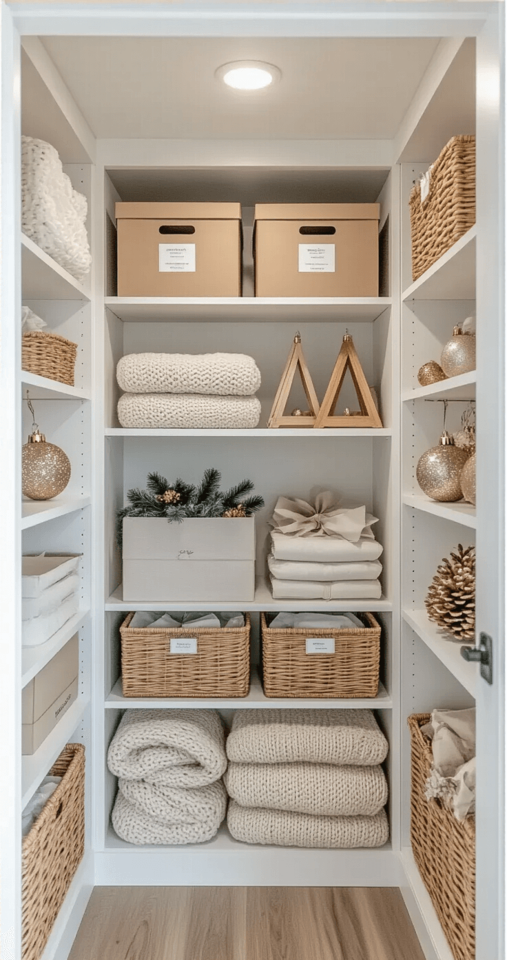 A Serene Neutral Christmas Tree: Your Guide to Calm, Cozy Holiday Decor A well-organized storage room featuring white built-in shelving filled with labeled boxes of neutral Christmas ornaments, padded containers for delicate baubles, and neatly folded chunky knit tree skirts. Wooden ornaments are displayed on shelves, and natural materials are stored in wicker baskets. The space is illuminated by bright overhead LED lighting, creating a peaceful and clean atmosphere that emphasizes careful preservation of holiday decorations.