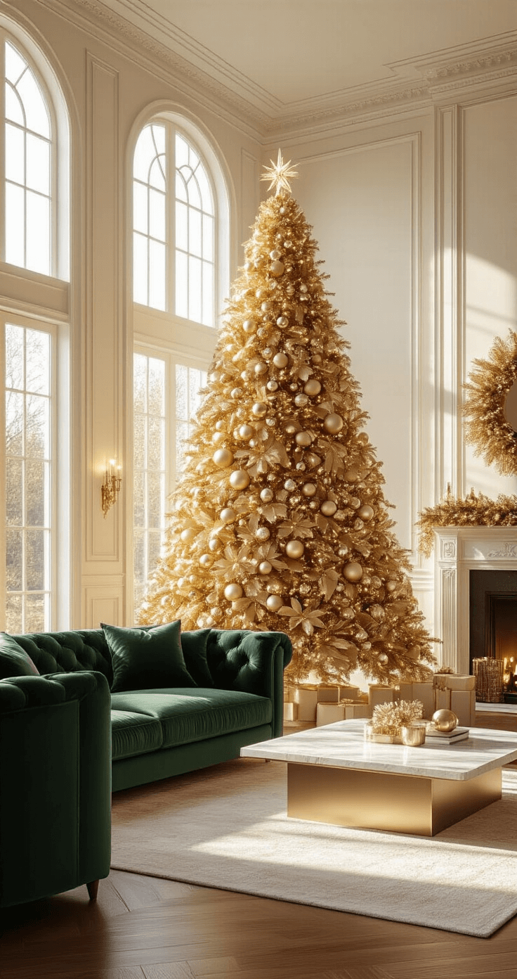 Glamorous Gold Christmas Tree: Your Ultimate Styling Guide Wide-angle view of a luxurious living room with a 12-foot gold tinsel Christmas tree as the centerpiece, featuring crown molding, walnut hardwood floors, and golden hour sunlight streaming through floor-to-ceiling windows, illuminating cream walls. The tree is adorned with champagne ribbons and layered gold ornaments, complemented by a deep emerald velvet sofa and a marble coffee table. The low angle shot emphasizes the grandeur of the tree in a sophisticated holiday setting.
