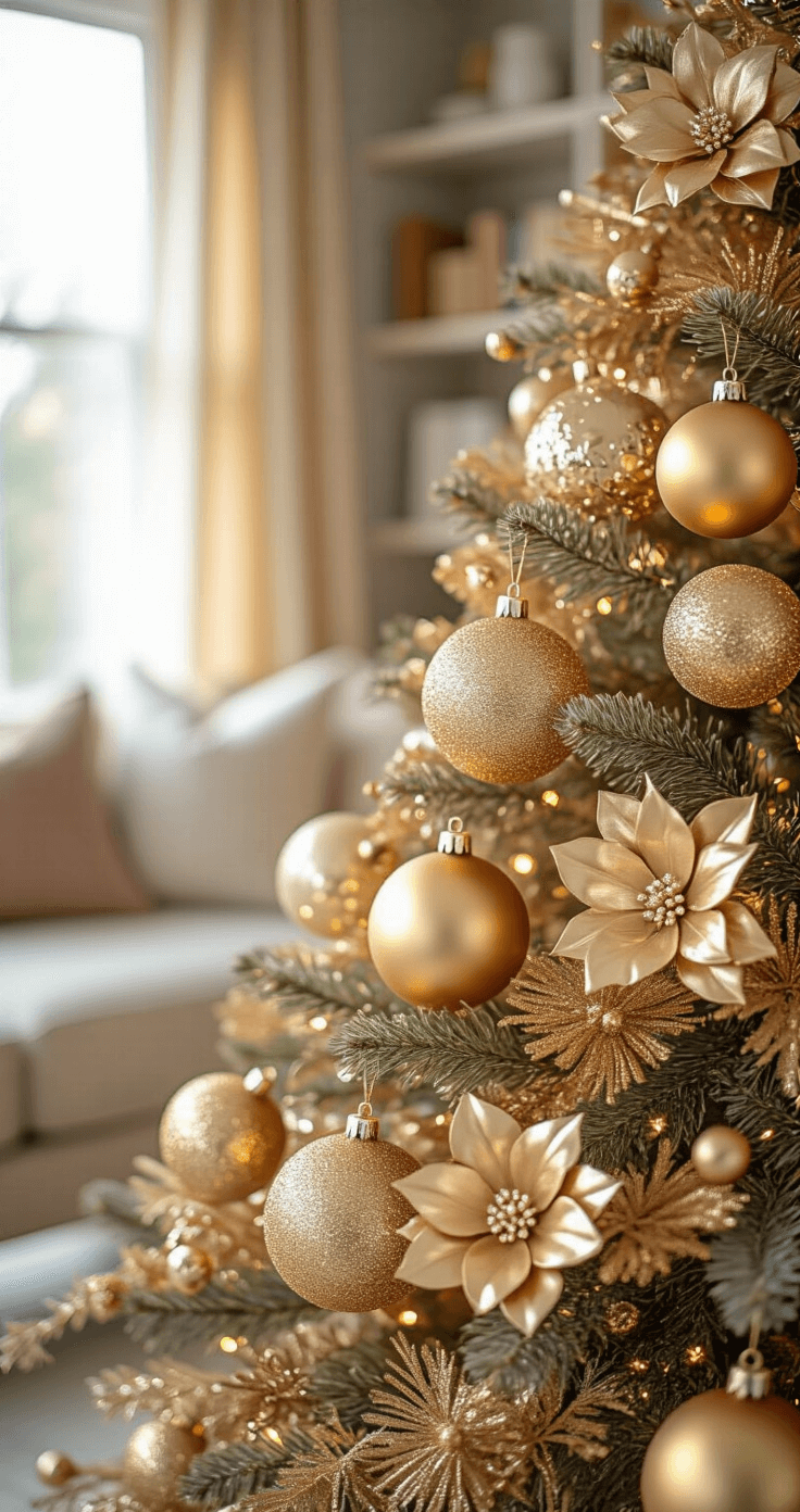 Glamorous Gold Christmas Tree: Your Ultimate Styling Guide Close-up of a beautifully arranged gold Christmas tree ornament featuring glossy and matte baubles, including large 6-inch spheres and small 1-inch accents, with textured mercury glass ornaments reflecting light. Gold magnolia leaves and sparkly floral picks are tucked among the branches. The warm family room background showcases taupe walls and built-in bookcases, enhanced by afternoon light filtering through sheer curtains.