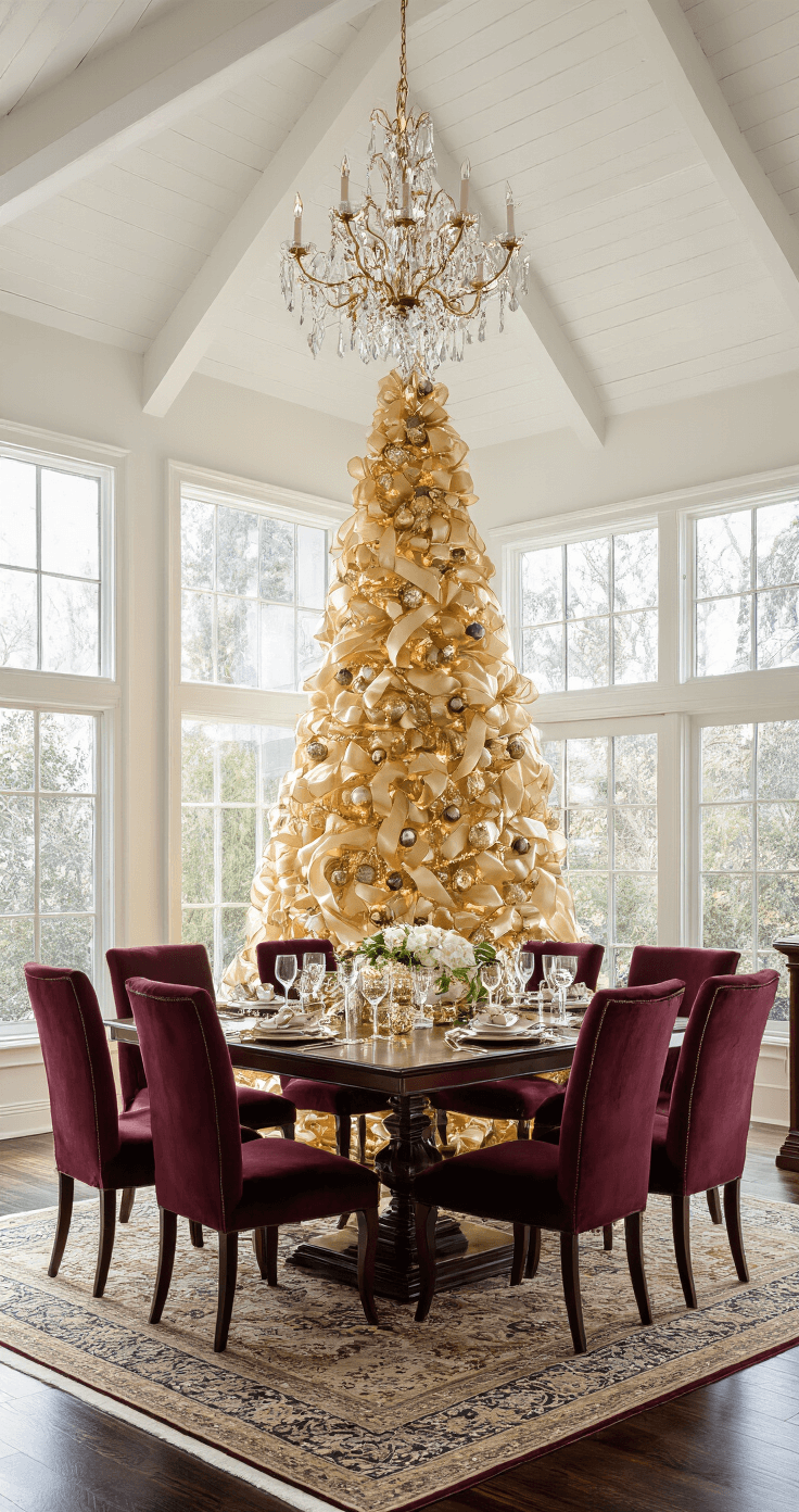 Glamorous Gold Christmas Tree: Your Ultimate Styling Guide Elegant formal dining room with a gold Christmas tree adorned in champagne satin ribbons, vaulted ceiling with exposed beams, and dark hardwood floors under a Persian rug; morning light casts dramatic shadows, while a crystal chandelier reflects the tree's glow above a polished mahogany table set for a holiday dinner with rich burgundy chairs.
