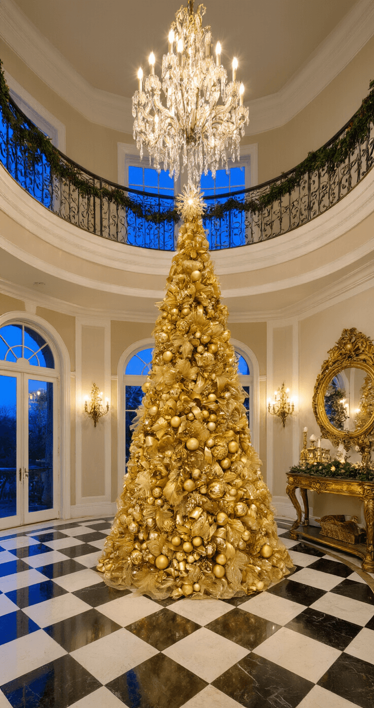Glamorous Gold Christmas Tree: Your Ultimate Styling Guide Grand foyer with a dramatic gold Christmas tree at the base of a curved staircase, illuminated by warm interior lighting and evening twilight through transom windows, featuring marble checkerboard flooring, an ornate chandelier, and reflections in tall mirrors.