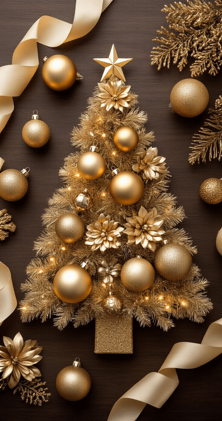 Glamorous Gold Christmas Tree: Your Ultimate Styling Guide Flat lay of a beautifully styled gold Christmas tree setup on hardwood, featuring assorted gold ornaments, champagne ribbons, and metallic floral picks, illuminated with warm white LED lights. The composition captures a mix of vintage and contemporary ornaments in warm gold, champagne, and bronze tones, all under soft studio lighting.