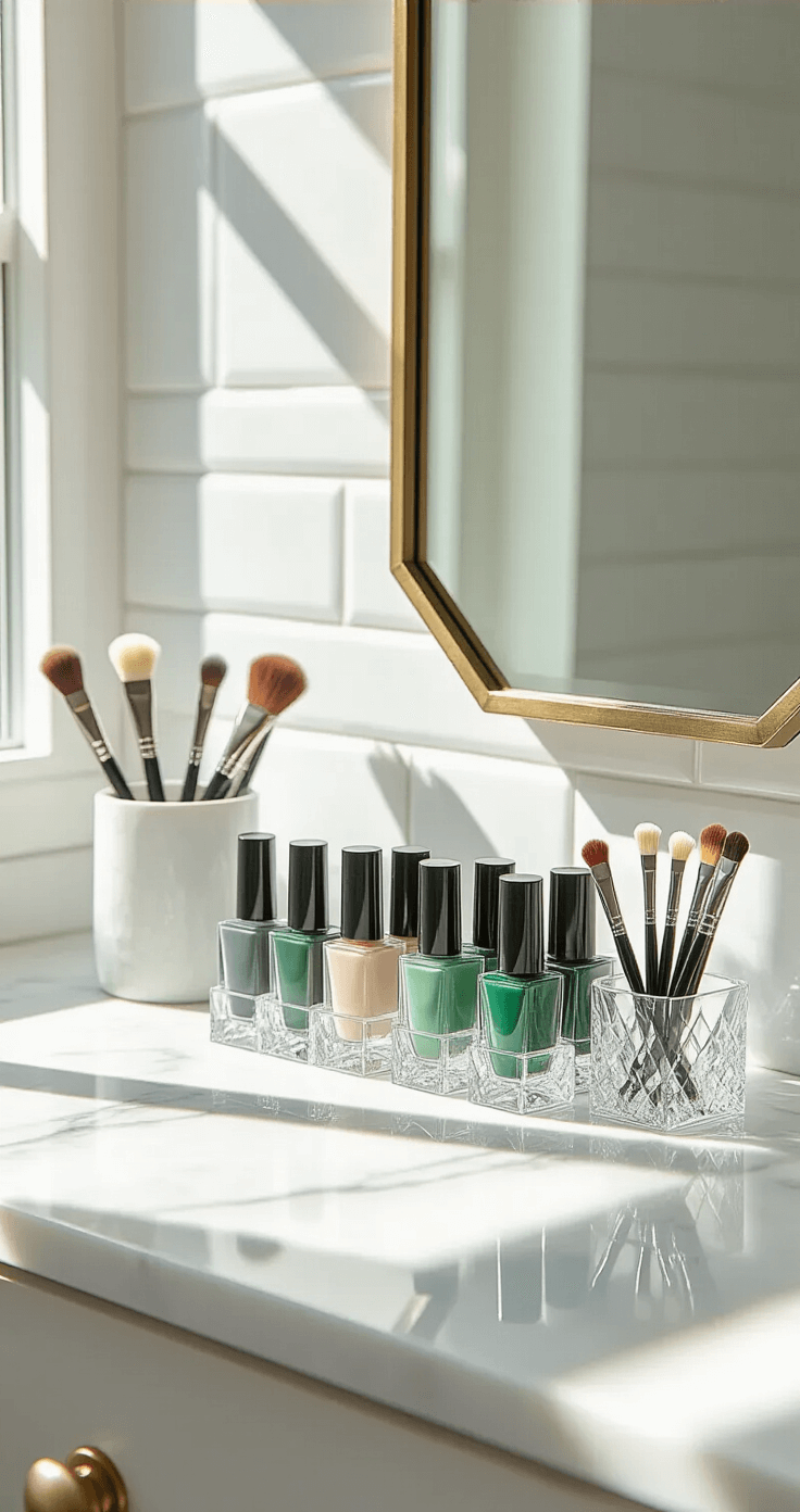 Festive Christmas Tree Nails: Your Ultimate Holiday Nail Art Guide A modern minimalist bathroom vanity with white marble surfaces, organized nail art supplies in crystal containers, elegant glass holders for detail brushes, and green nail polish shades arranged by gradient, illuminated by natural daylight through a large window, featuring a geometric brass-framed mirror and white subway tile backsplash, captured from an overhead angle.