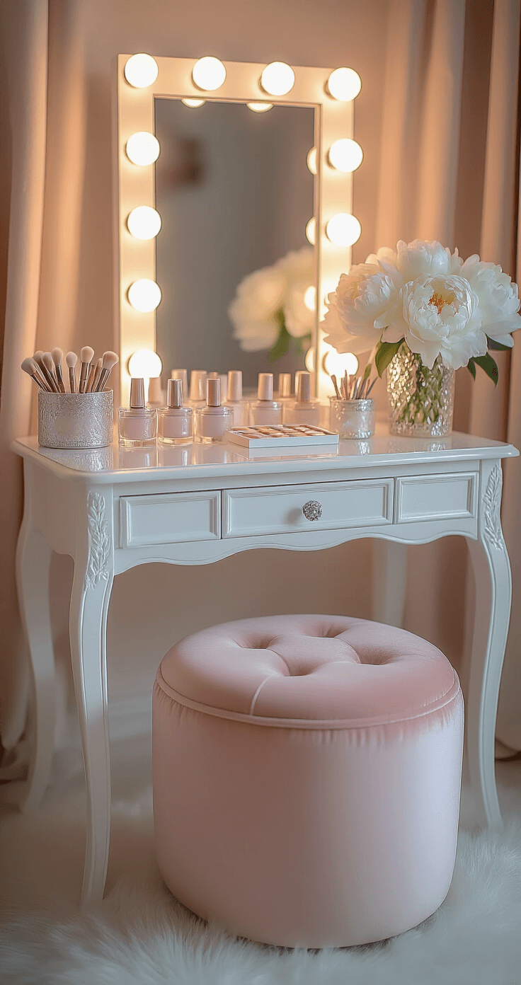 Festive Christmas Tree Nails: Your Ultimate Holiday Nail Art Guide Elegant bedroom vanity area with Hollywood-style mirror, soft LED bulbs, and a white lacquered vanity table adorned with nail tape collections and dotting tools in mother-of-pearl containers. A blush pink velvet stool and silver decorative accents complement fresh white peonies in a crystal vase, all under dreamy, romantic lighting.