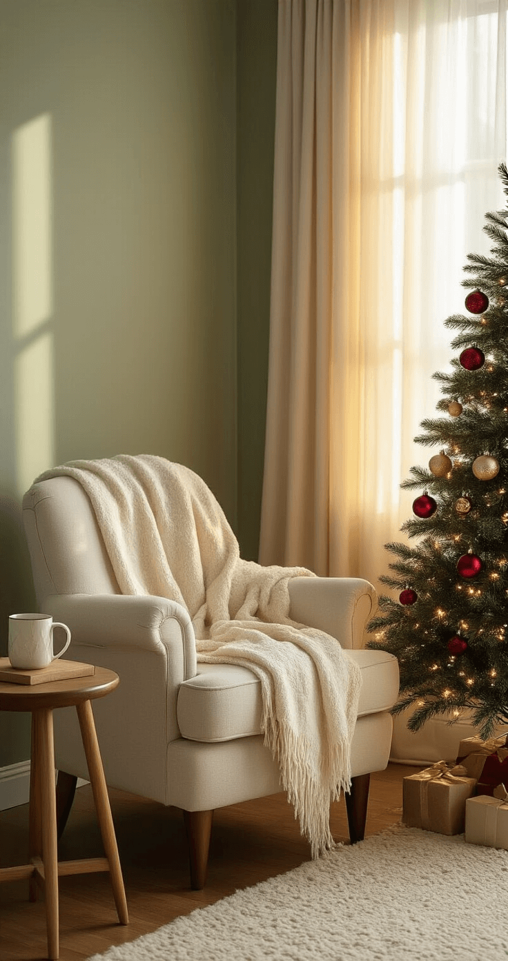 Small Christmas Trees: The Ultimate Guide to Festive Charm in Compact Spaces Cozy living room corner featuring a slim pre-lit Christmas tree beside a cream armchair, with warm golden hour light streaming through sheer curtains, casting soft shadows on hardwood floors. The tree is decorated with burgundy and gold ornaments and fairy lights, with a plush throw on the chair and a small wooden side table holding a ceramic mug, against a soft sage green wall and textured wool rug below.