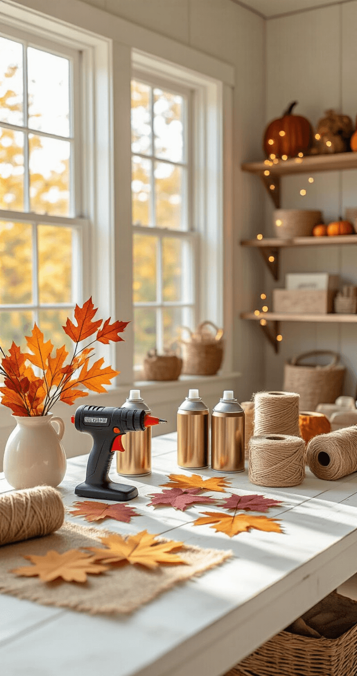 DIY Fall Decor: Transform Your Home with Budget-Friendly Autumn Charm Bright craft room filled with natural light, featuring a white farmhouse table adorned with DIY fall decor supplies, including a hot glue gun, metallic spray paint cans, faux autumn leaves, burlap fabric, and twine spools. Wooden shelves display seasonal craft paper and fairy lights against warm cream walls with rustic wood accents, captured in a flat lay style with soft diffused lighting.