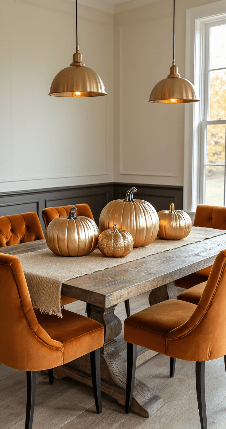 DIY Fall Decor: Transform Your Home with Budget-Friendly Autumn Charm Elegant dining room with a reclaimed wood table adorned with metallic spray-painted pumpkins in gold, copper, and bronze, accented with glitter. Warm pendant lighting illuminates burnt orange velvet chairs, surrounded by a textured burlap runner, against cream walls and dark wood wainscoting, creating a luxurious autumn atmosphere.