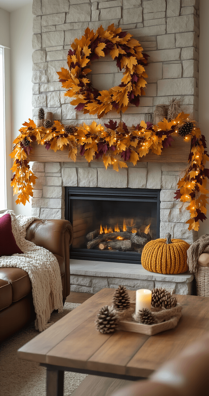 DIY Fall Decor: Transform Your Home with Budget-Friendly Autumn Charm Cozy living room mantel adorned with autumn garlands of leaves and fabric strips, complemented by warm fairy lights, alongside a stone fireplace with chunky knit throws on a leather sofa and a wooden coffee table showcasing DIY decorations, all bathed in soft evening light.