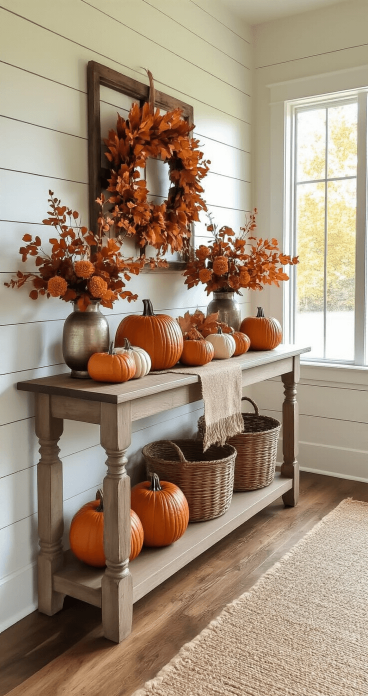 DIY Fall Decor: Transform Your Home with Budget-Friendly Autumn Charm Welcoming entryway with a DIY fall vignette on a console table against a shiplap wall, featuring an autumn color palette of burnt orange, deep burgundy, and warm browns, accented with metallics and a burlap table runner, set on rustic wood flooring under golden hour lighting.