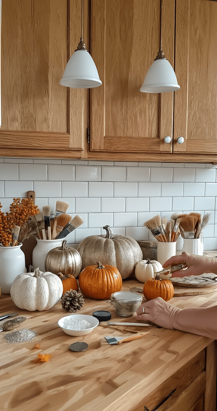 DIY Fall Decor: Transform Your Home with Budget-Friendly Autumn Charm A charming kitchen countertop scene featuring a fall DIY project with faux pumpkins in various stages of transformation, surrounded by craft supplies like paint brushes and glitter, set against a white subway tile backsplash and natural wood cabinets, illuminated by pendant lighting from an overhead angle.
