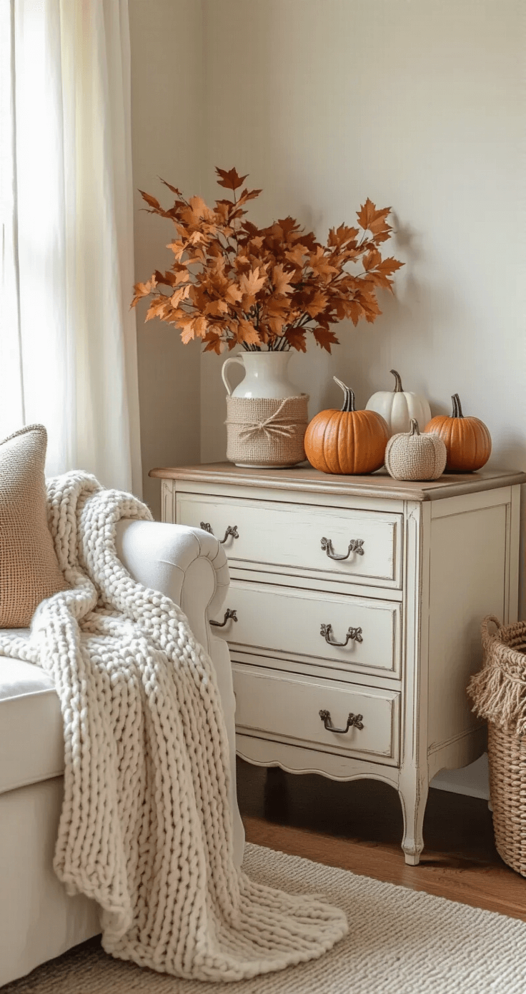 DIY Fall Decor: Transform Your Home with Budget-Friendly Autumn Charm A cozy bedroom corner with a vintage nightstand displaying autumn-themed decor, including small burlap-wrapped pumpkins, soft cream and warm brown color scheme, a chunky knit throw on a reading chair, and natural wood elements, all illuminated by soft morning light filtering through sheer curtains.