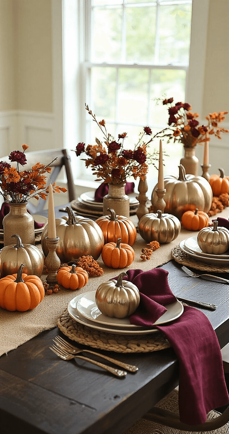 DIY Fall Decor: Transform Your Home with Budget-Friendly Autumn Charm Sophisticated dining table with a DIY fall centerpiece featuring metallic pumpkins, a burlap runner, layered wooden and fabric textures, deep burgundy napkins, burnt orange accents, candlelight, and natural light, all showcased from a slight overhead angle.