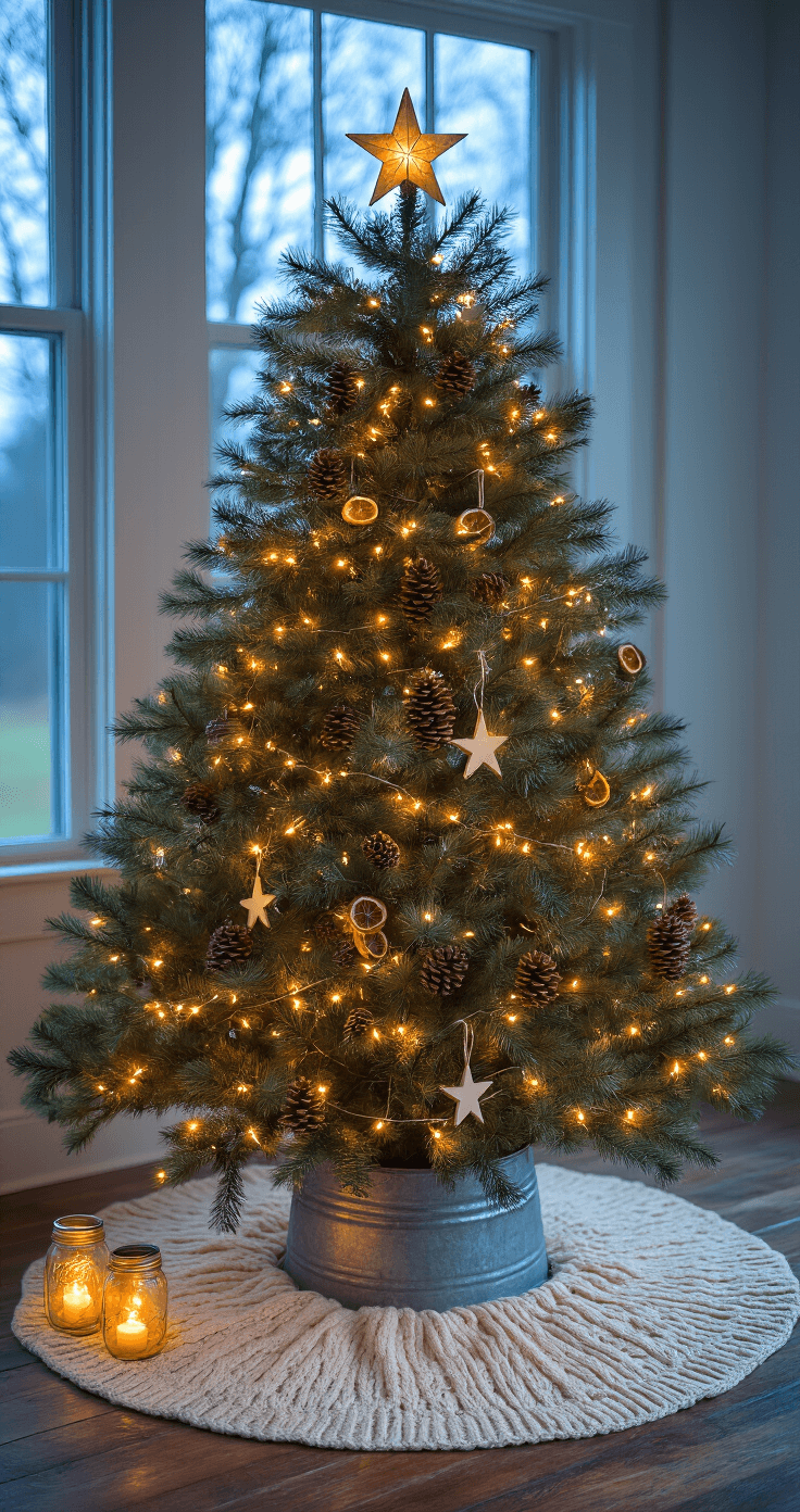 Crafting the Perfect Farmhouse Christmas Tree: A Cozy Holiday Guide Cozy corner of a farmhouse with a natural pine Christmas tree adorned with warm LED lights, wooden star ornaments, pinecones, and dried orange slices, resting on reclaimed wood floors with a galvanized metal tree collar, complemented by a cream cable-knit tree skirt and vintage mason jar luminaries, all illuminated by window light and the tree's golden glow during blue hour twilight.