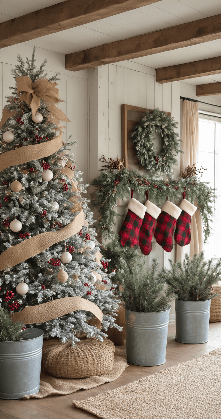 Crafting the Perfect Farmhouse Christmas Tree: A Cozy Holiday Guide A rustic farmhouse great room decorated for Christmas, featuring a flocked tree with burlap ribbons and glass ornaments, along with vintage galvanized buckets and plaid wool stockings, all illuminated by soft morning light filtering through gauze curtains.
